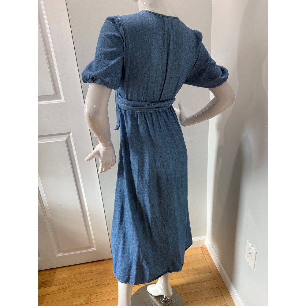 Old Navy Chambray Wrap Midi Dress Blue Puff Sleeve Tie Waist 100% Cotton size S - Picture 9 of 11